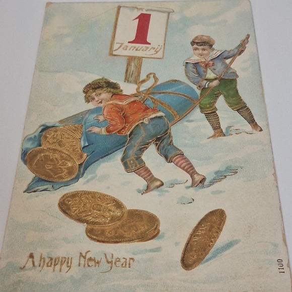 Antique 1 January New Year Postcard Germany Kids Sled Gold Embossed Gilt - Picture 2 of 8